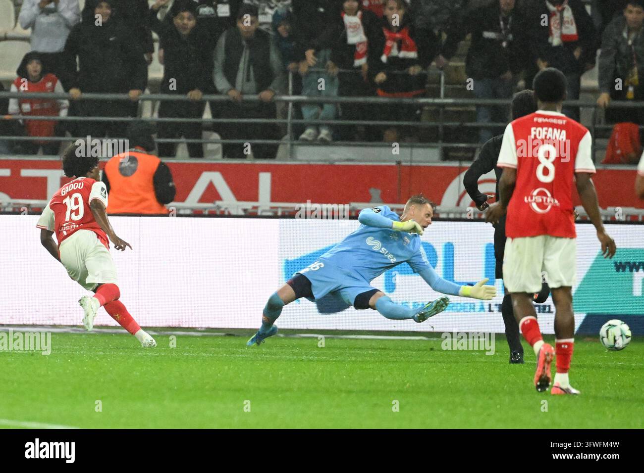 Arone GADOU of Reims score a goal during Ligue 2 BKT match between ...