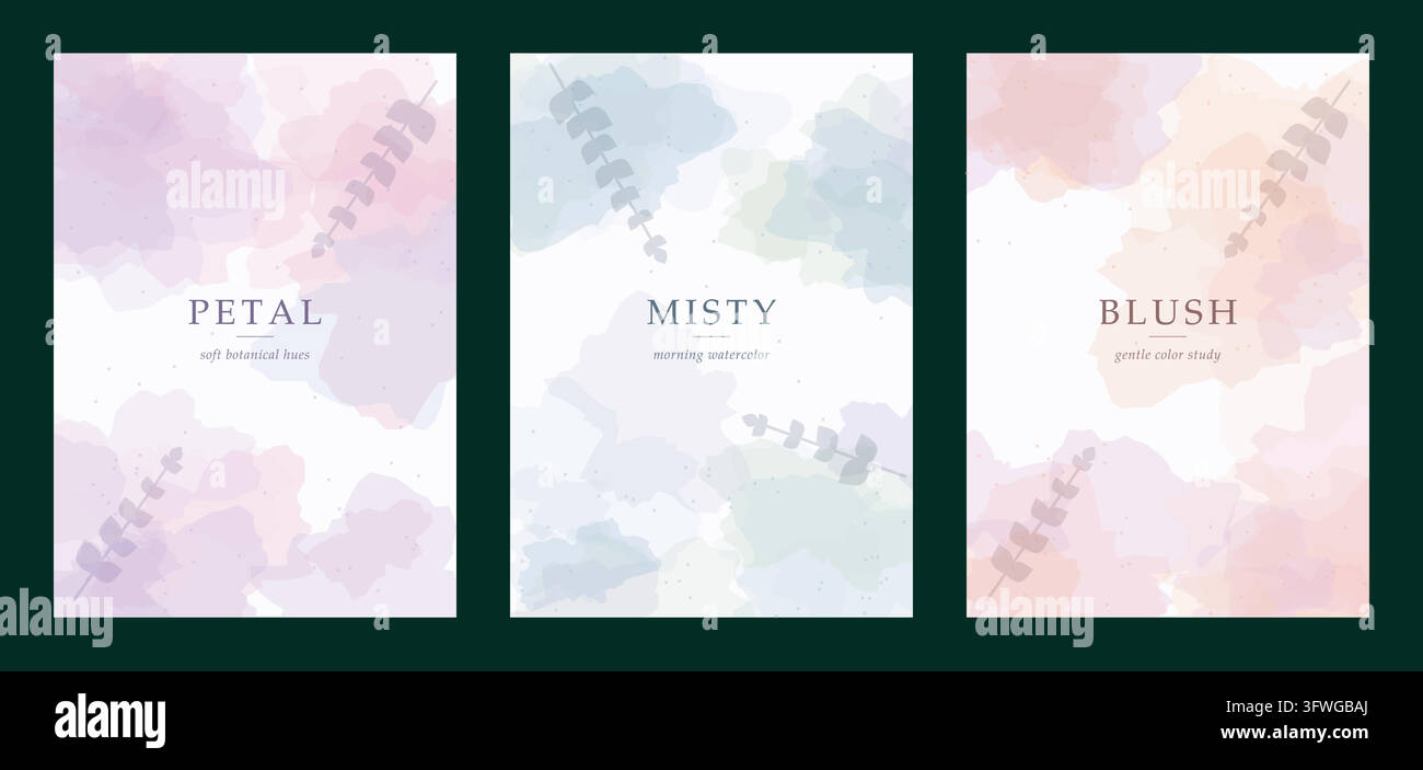 A stylish collection of three vertical vector cards featuring soft pastel watercolor backgrounds, delicate botanical branches, and minimalist typograp Stock Vector