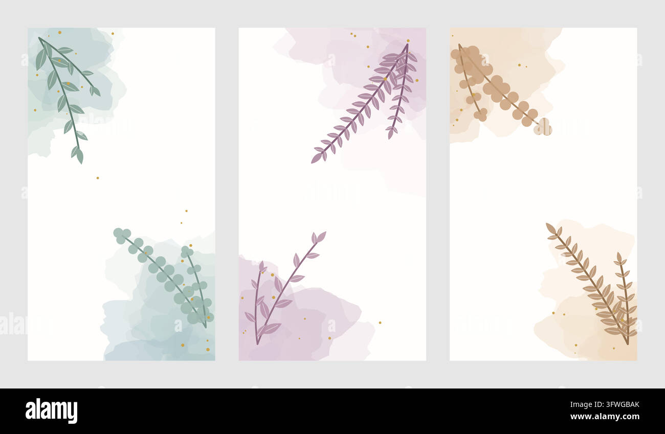 A stylish collection of three vertical vector cards featuring soft pastel watercolor splashes, delicate botanical branches, and minimalist layouts. Stock Vector