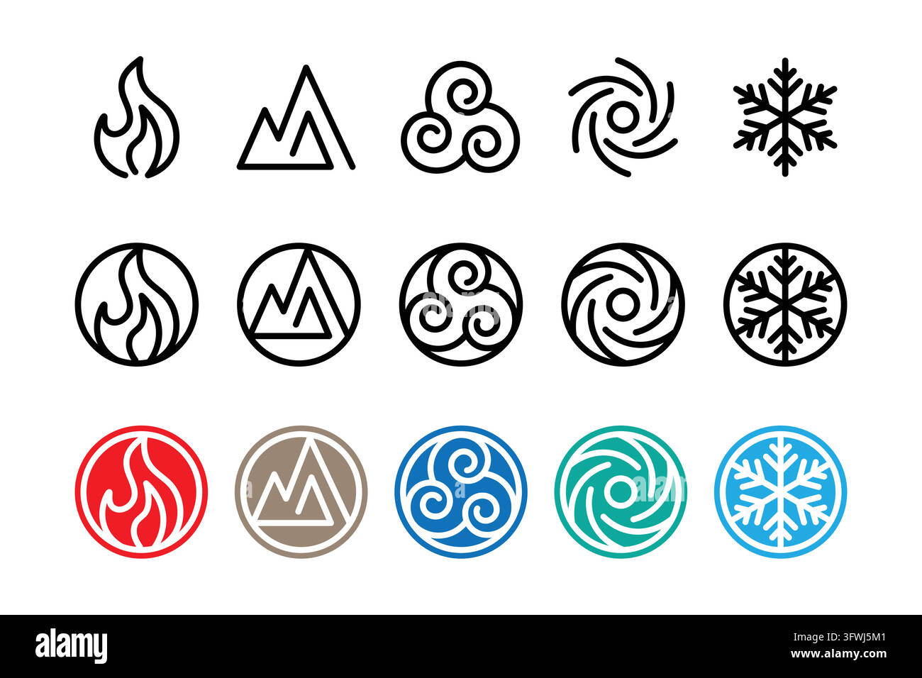 Collection of stylized classical elemental symbols with different design variations on a white background Stock Vector