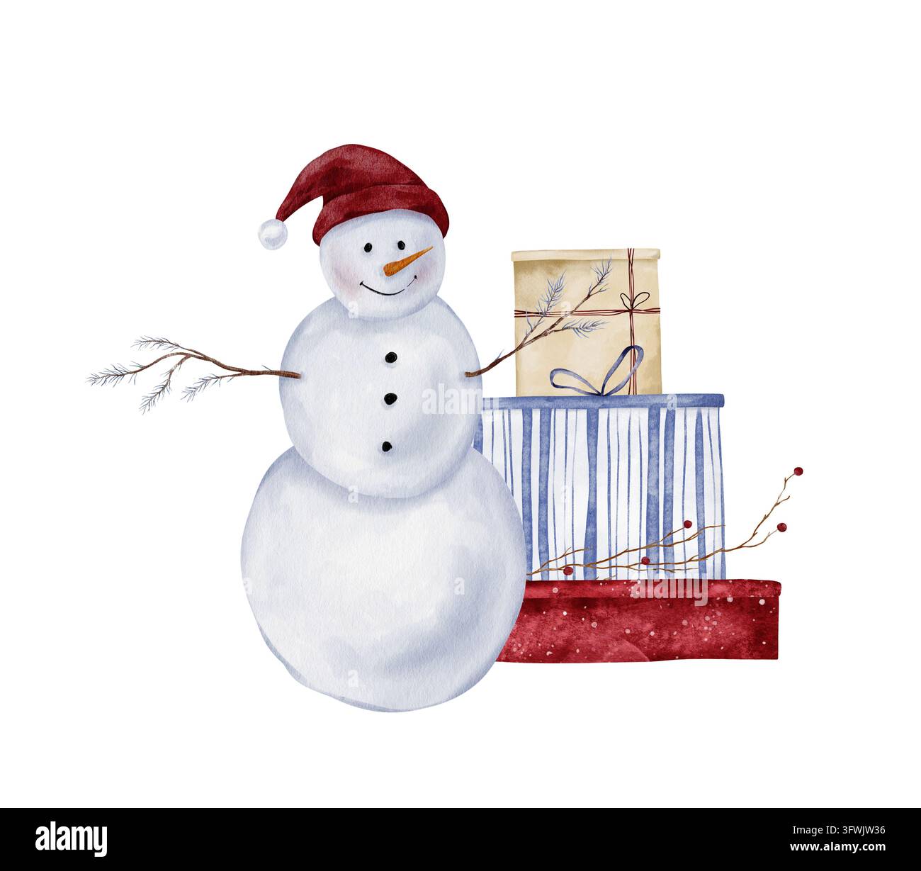 Hand painted watercolor Christmas composition with snowman in red hat ...