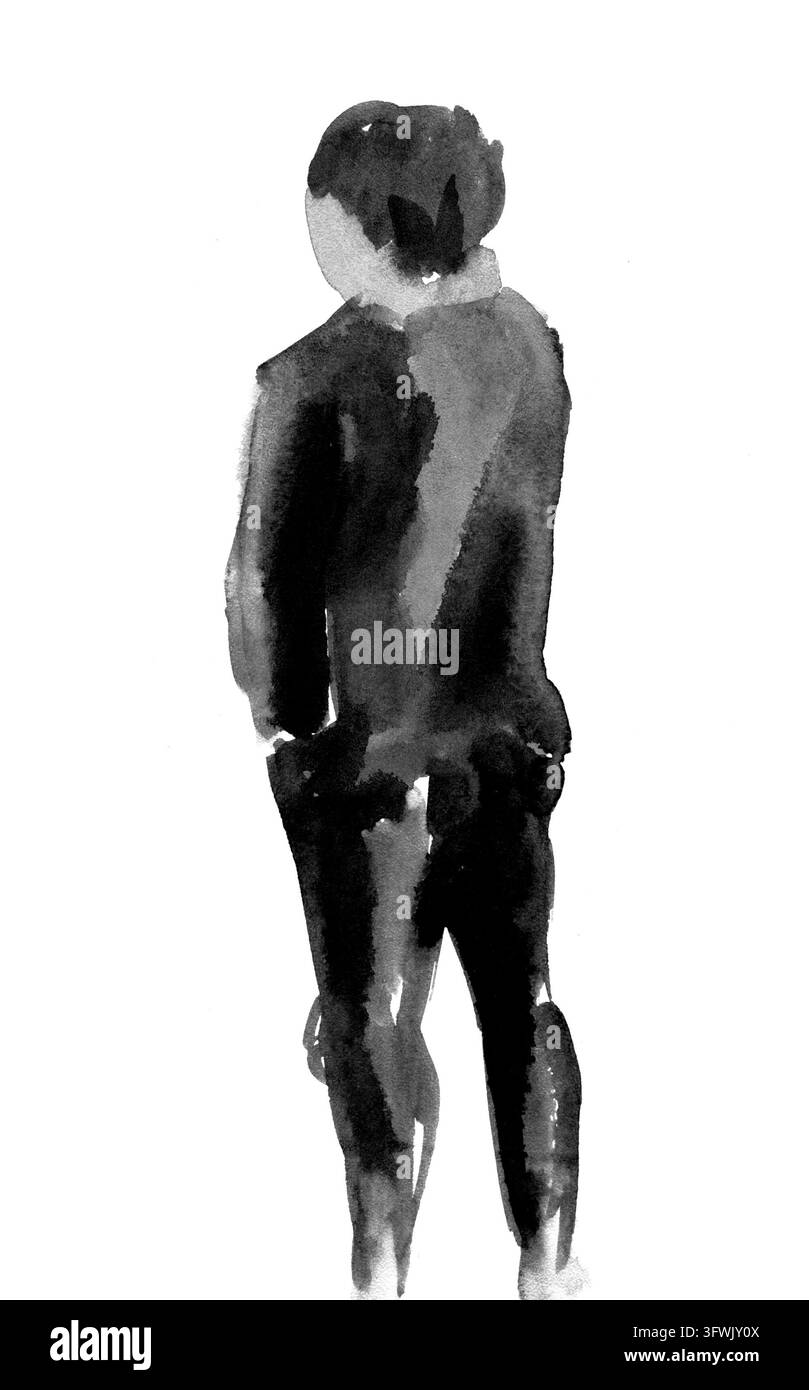 Ink sketch of a man. Rear view. Fuzzy drawing, abstract. Blurry picture ...