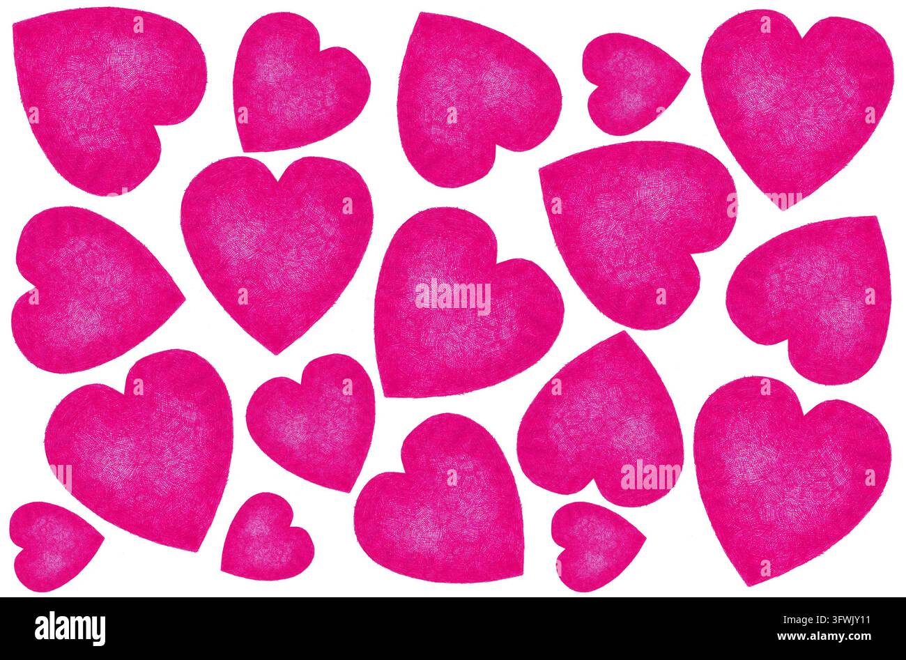 A pattern of various pink heart shapes fills the space. These hearts ...