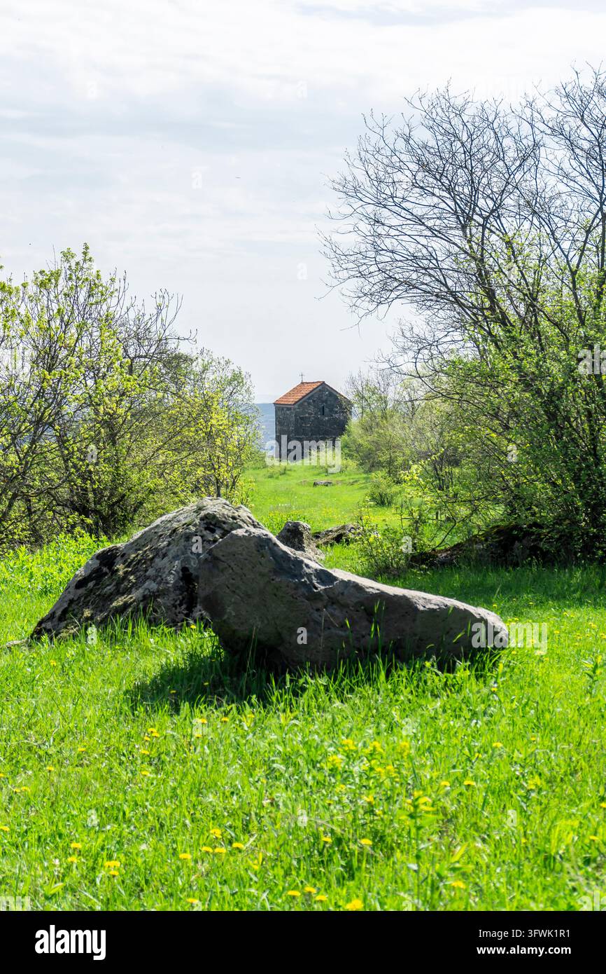 Vector Mike Old Hude rocks on the grass of meadow, bushes and old smdll church basilica ...