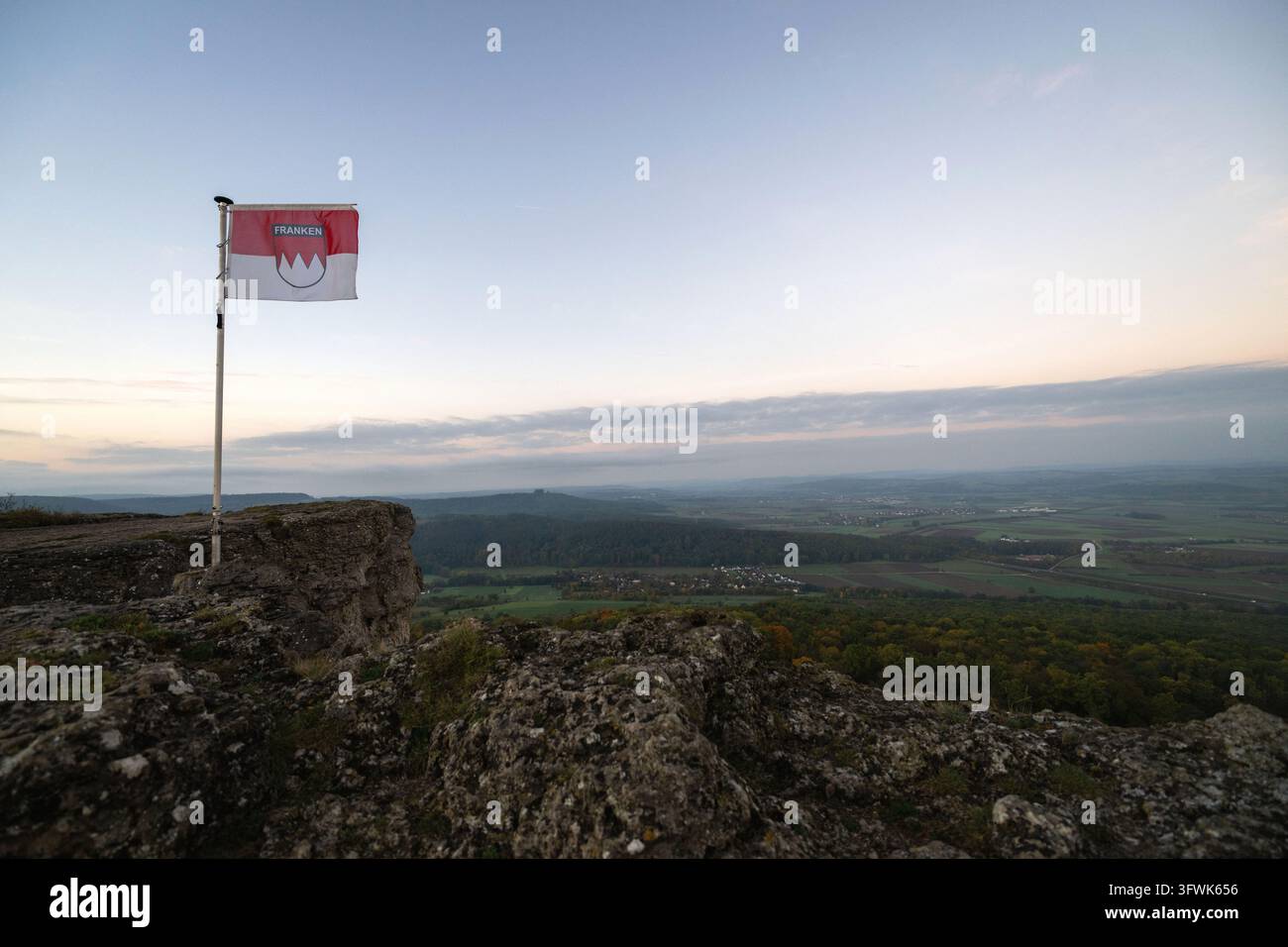 20 October 2026, Bavaria, Bad Staffelstein: A Franconian flag flies on ...