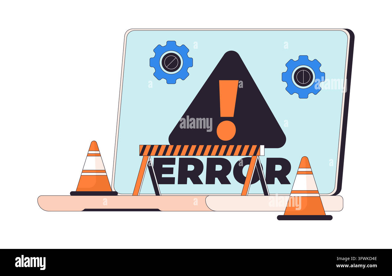 Laptop computer error warning with construction barrier 2D cartoon clip art Stock Vector