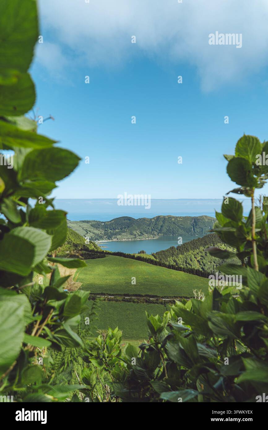 Stunning caldera lake view in Sete Cidades, Azores, surrounded by lush ...