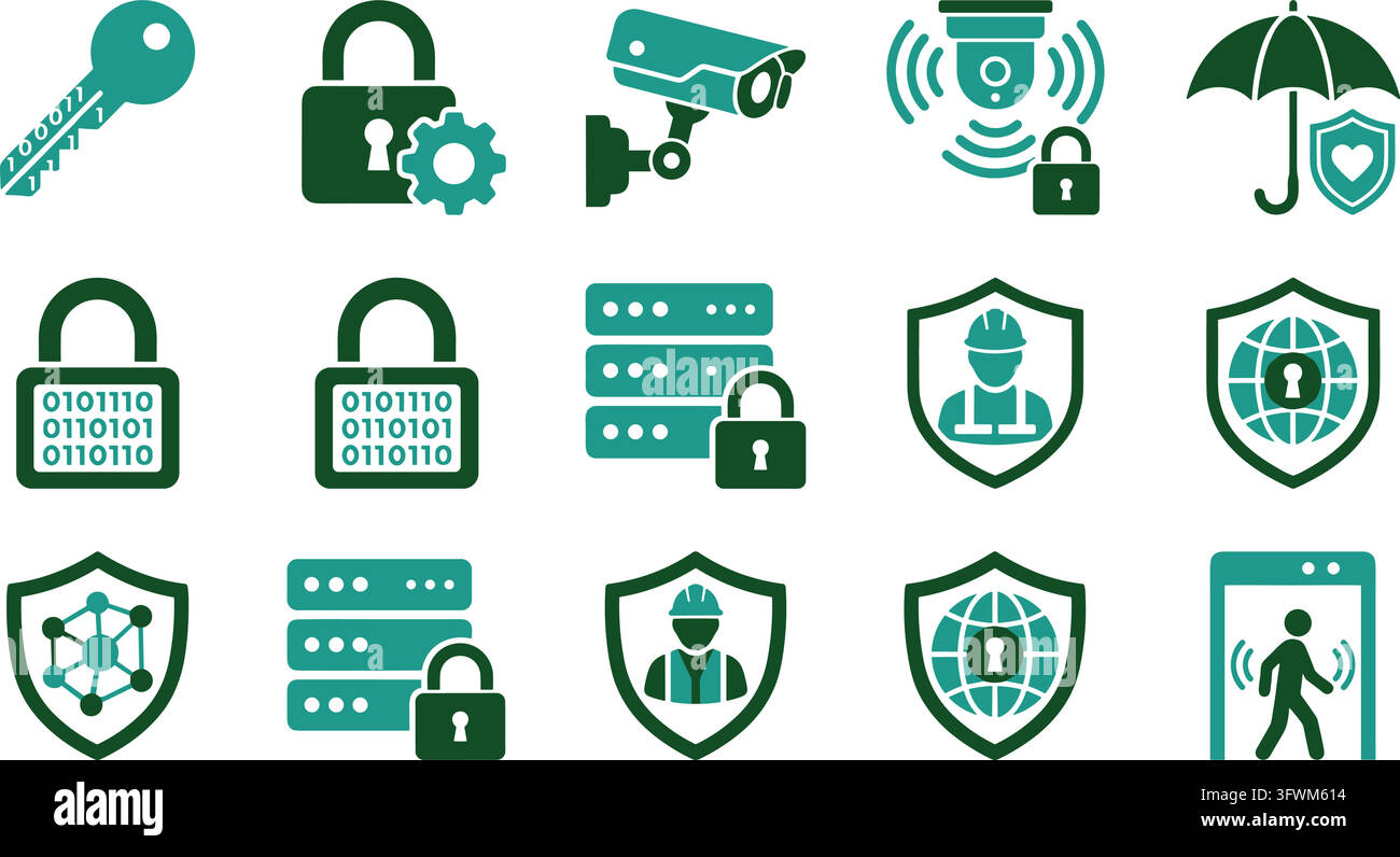 Cyber security icons collection featuring key padlock camera server and shield graphics in green. Stock Vector