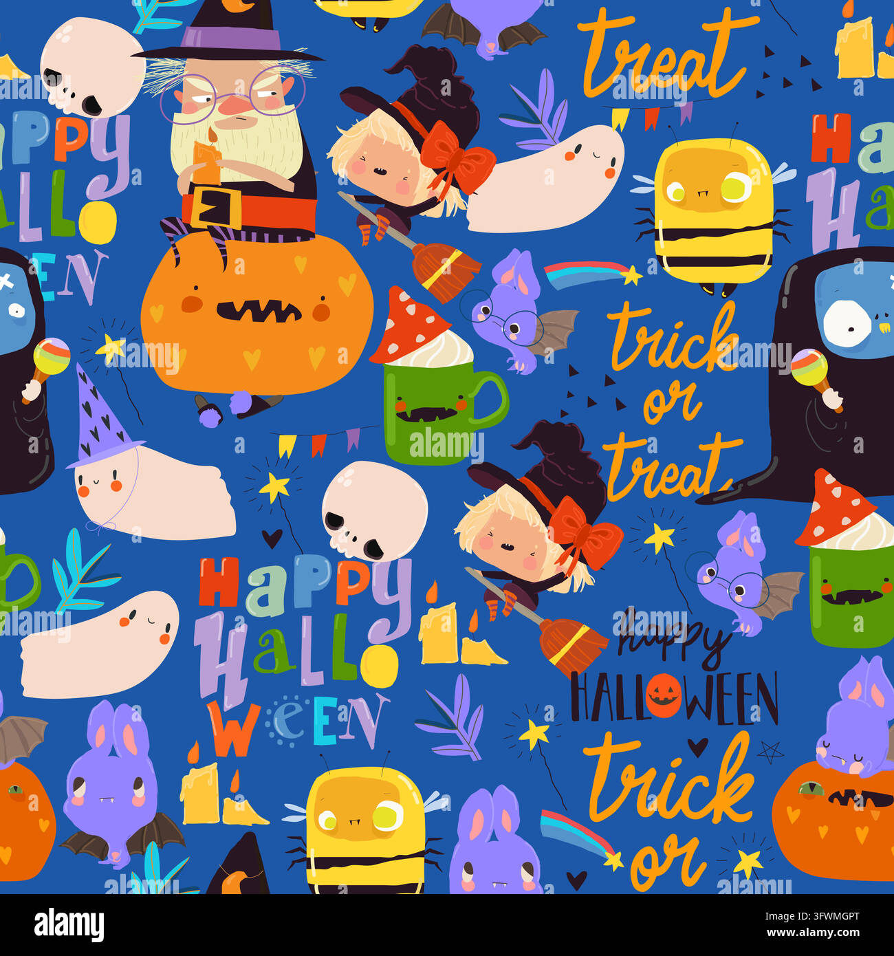 Seamless Pattern With Funny Monsters, Pumpkins and Halloween Elements Stock Vector