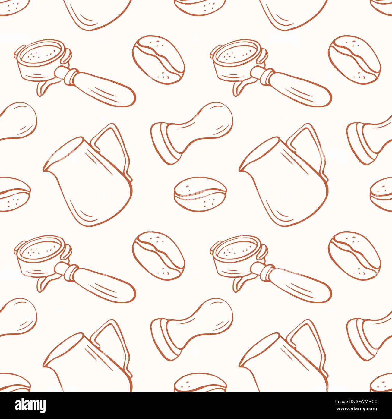 Coffee tools and beans seamless pattern in line art style. Portafilter, tamper and milk jug illustrations. Espresso brewing and specialty coffee Stock Vector