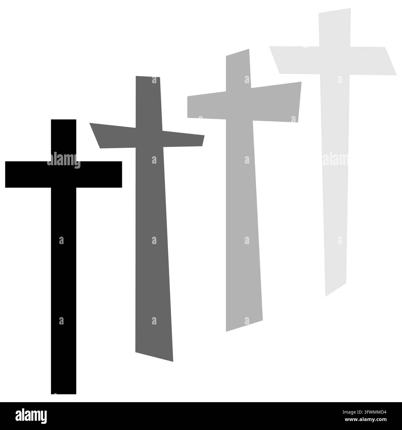Four Latin crosses in perspective row fading from black to grey vector. eps 10. Stock Vector