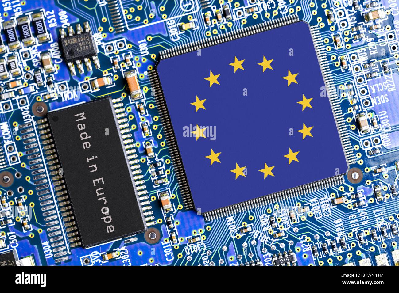 [M] A blue circuit board with two chips with the inscription 