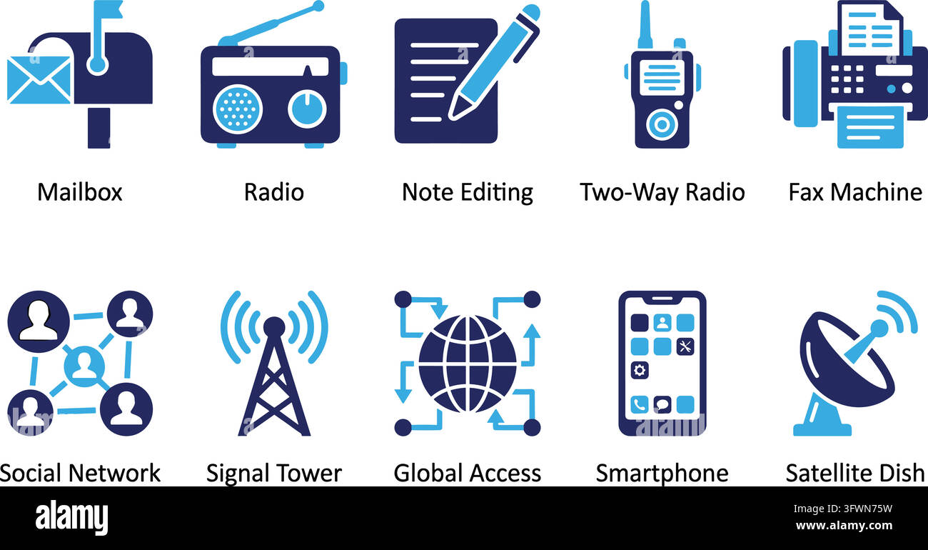 Communication technology devices and networking symbols in blue flat vector style. Stock Vector