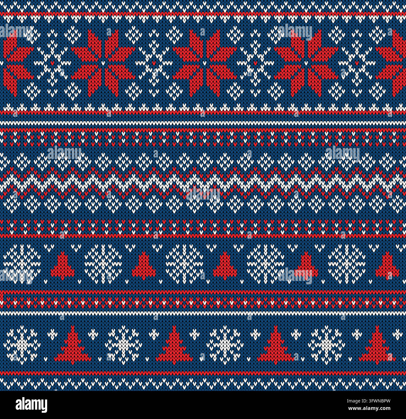 Knitted Christmas seamless pattern featuring blue reindeers, white pine trees, and Nordic geometric ornaments on red and blue background. Festive Fair Stock Vector