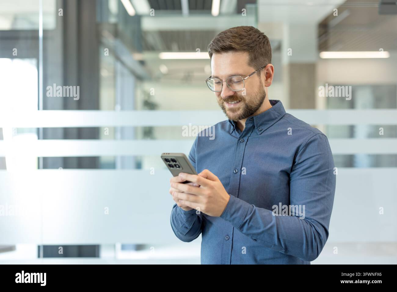 He Smiling Vector Professional man in glasses standing inside modern office, reading ...