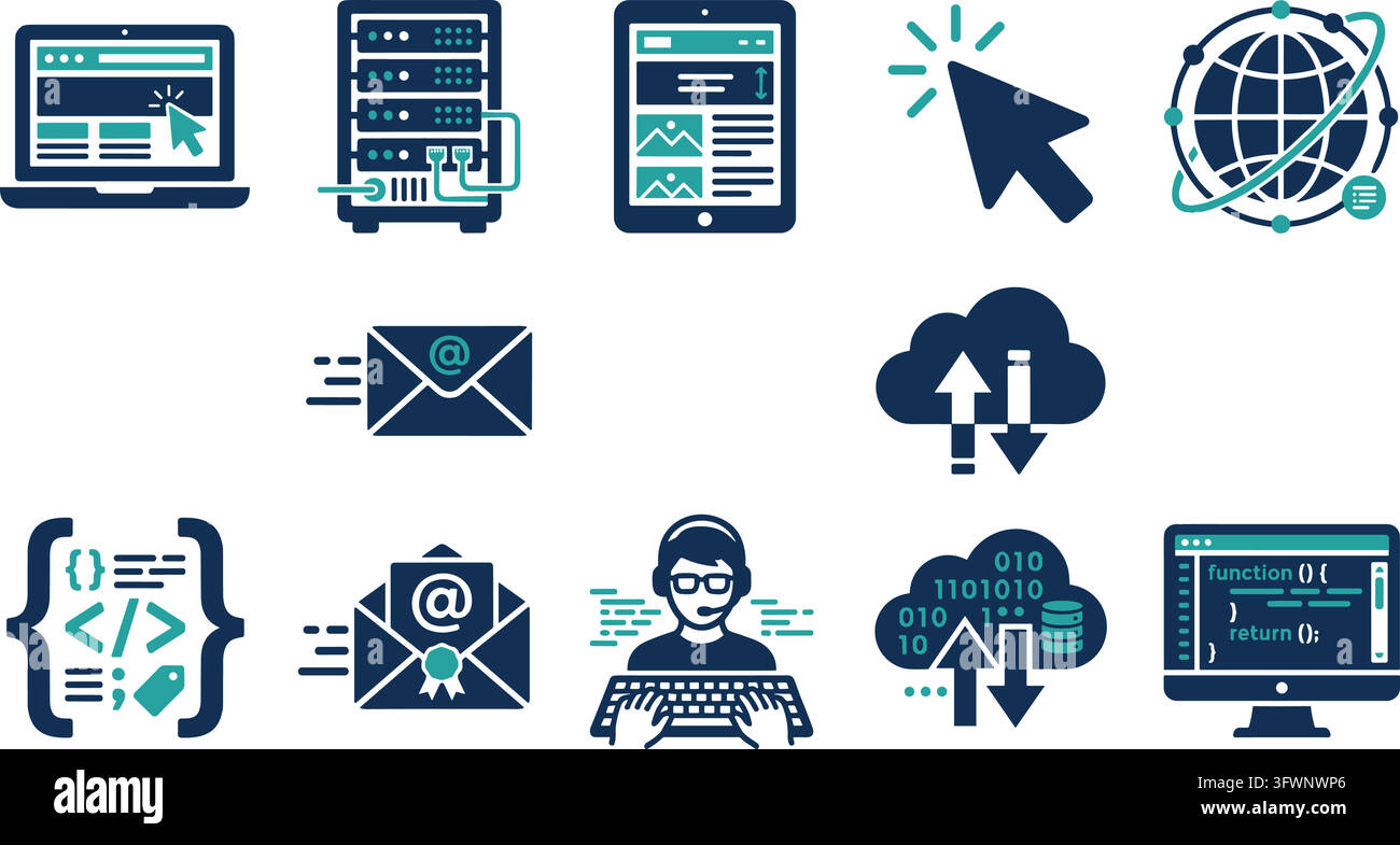 Web development icons set in teal blue color featuring coding servers and online technology. Stock Vector
