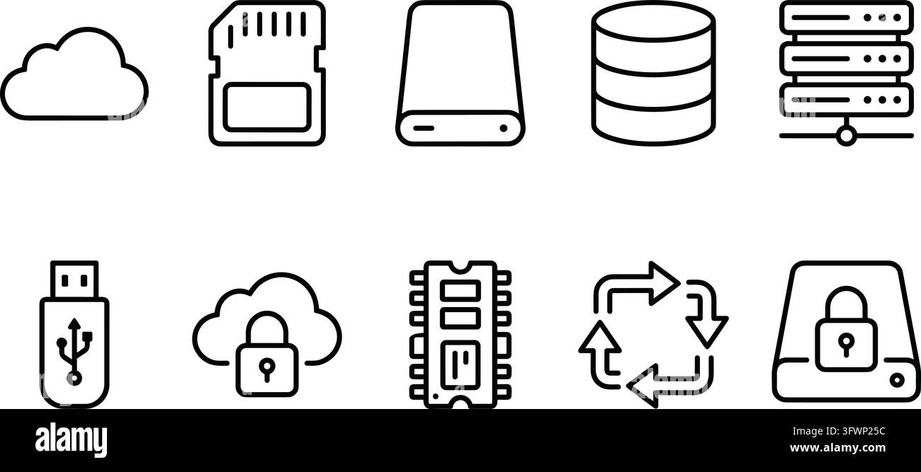 Technology data storage icons, cloud computing and hardware, digital information symbols set. Stock Vector