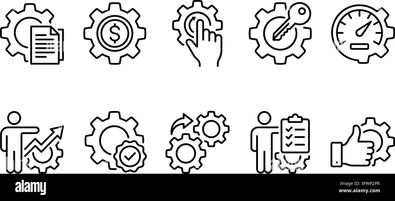 Gear icons representing business development and performance metrics ...