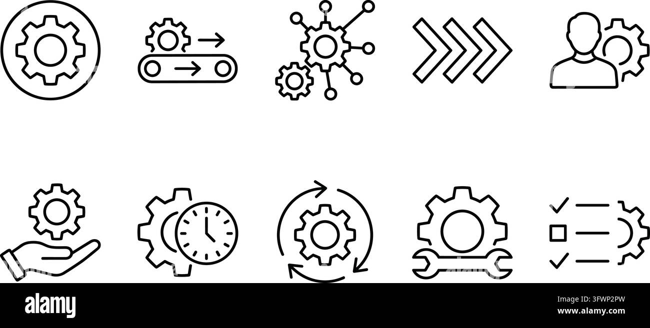 Process linear icons set with gears, settings, and automation symbols ...