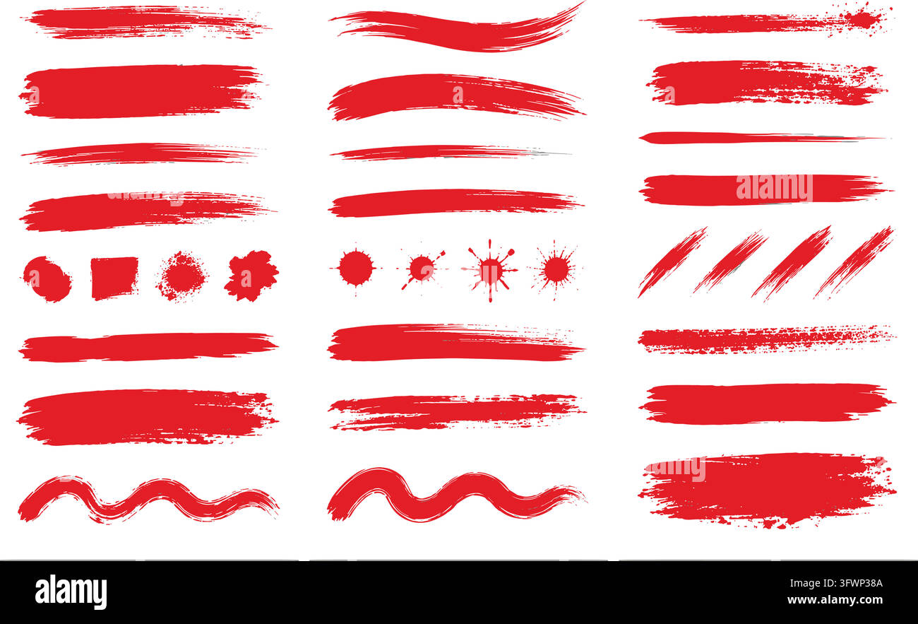 Set of red paint brush strokes and splatters for artistic design and highlighting elements. Stock Vector