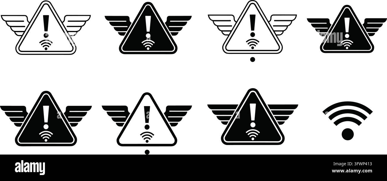 Black and white wi-fi signal warning icons, wireless internet connection problem vector set. Stock Vector