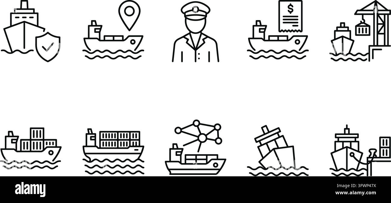 Set of black outline icons depicting shipping and maritime transportation on white background. Stock Vector