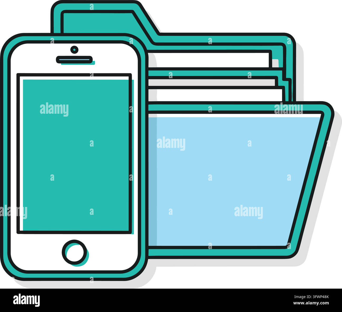 Mobile phone data storage illustration with digital folder and document for cloud management. Stock Vector