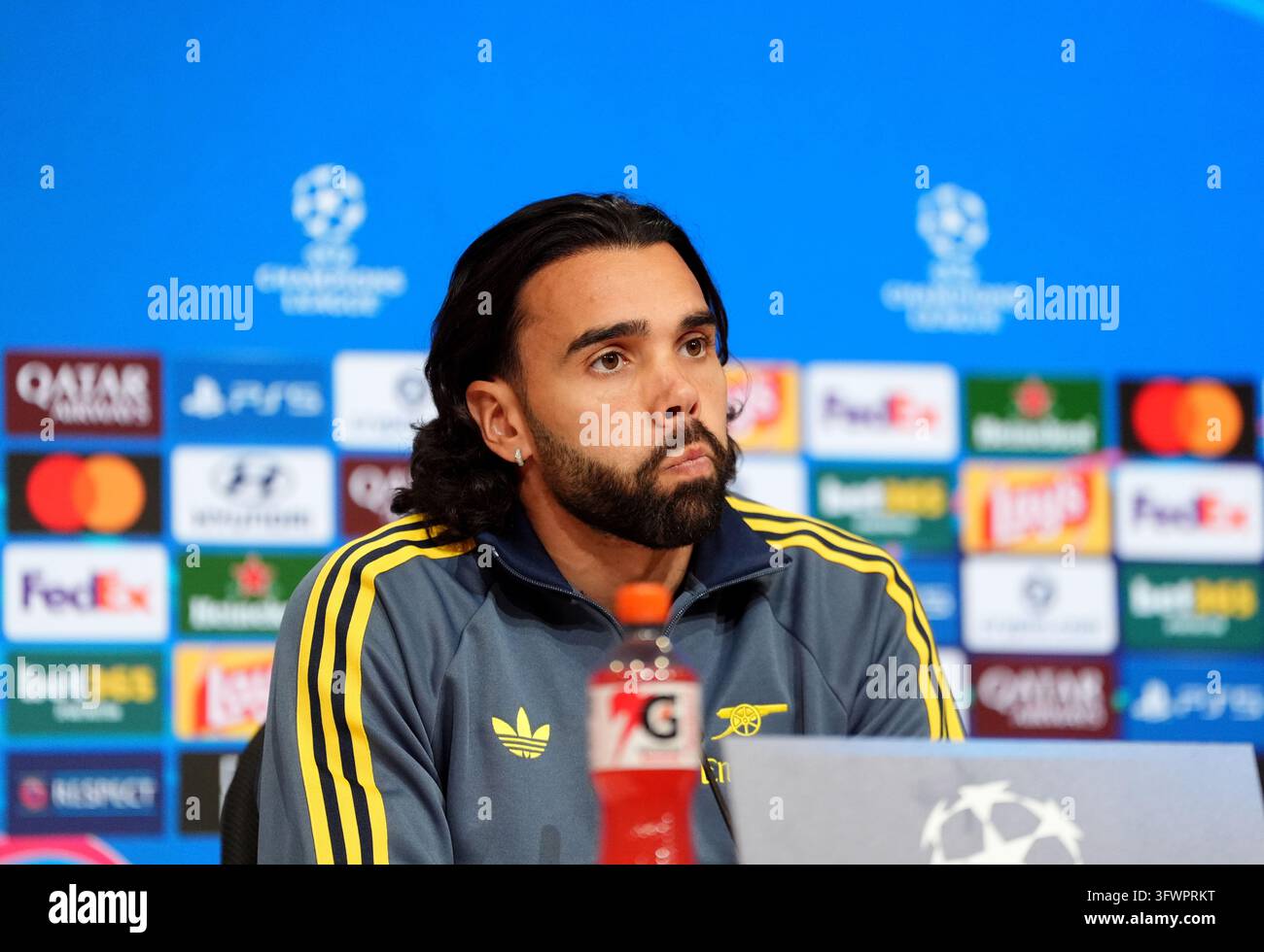 Arsenal goalkeeper David Raya during a press conference at the Allianz ...