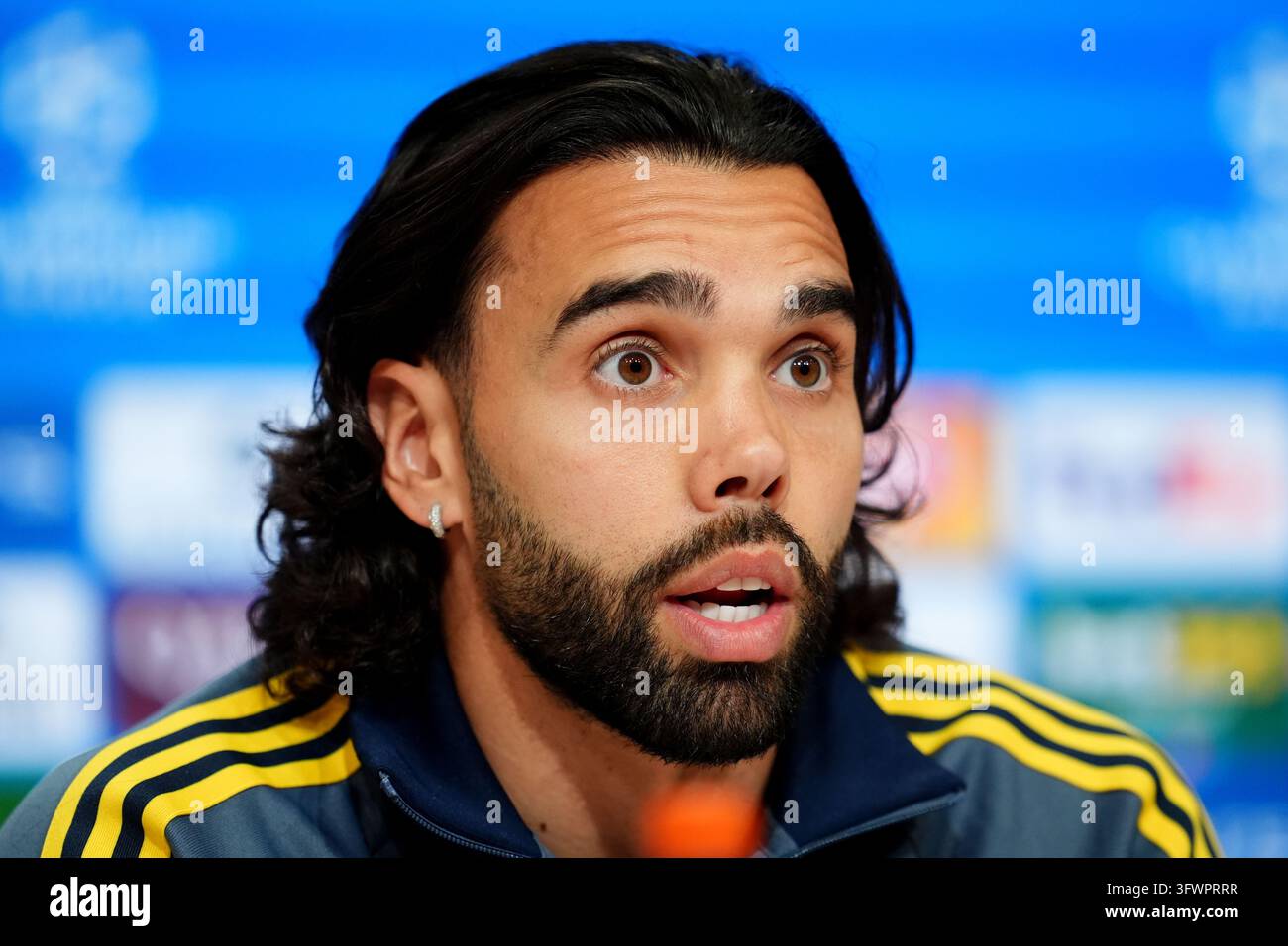 Arsenal goalkeeper David Raya during a press conference at the Allianz ...