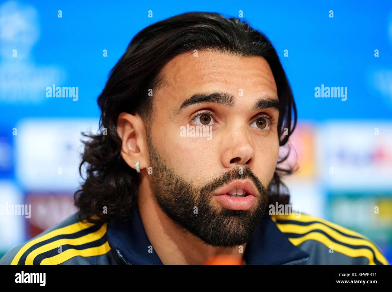 Arsenal goalkeeper David Raya during a press conference at the Allianz ...
