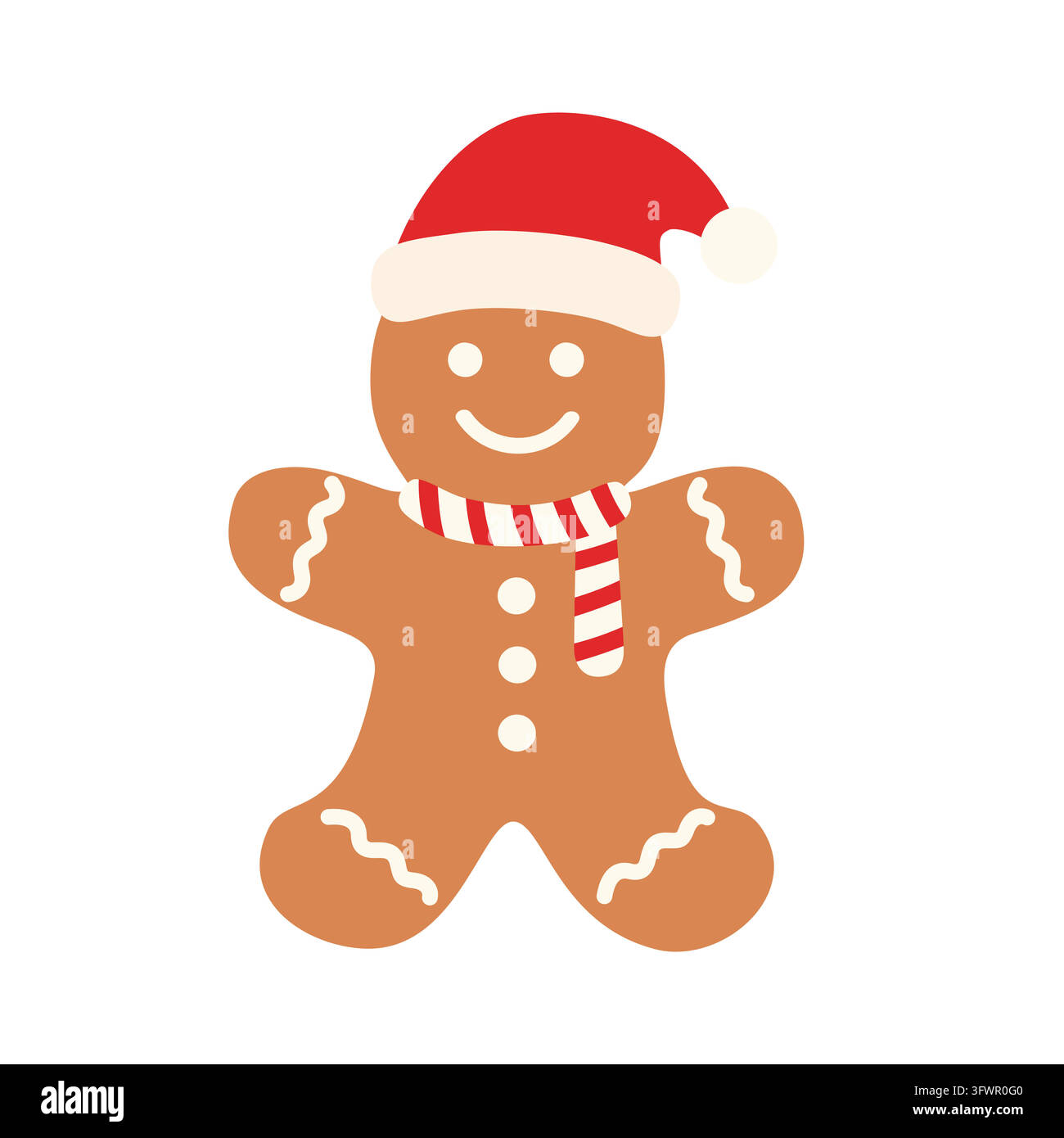 Cute Christmas gingerbread man in a red Santa hat and striped scarf isolated on white background Stock Vector