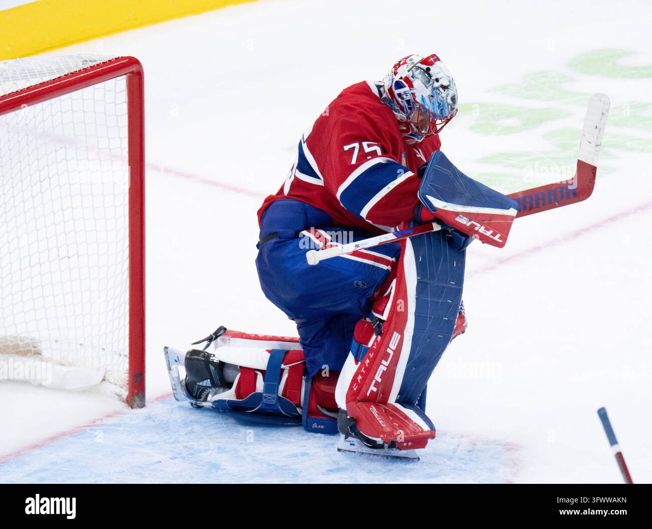 Montreal Canadiens goaltender Jakub Dobes reacts in his crease ...
