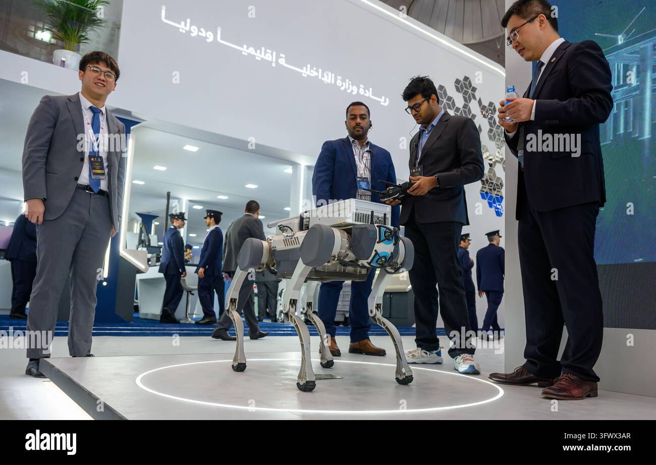 A quadruped robot on display at the 'Milipol Qatar 2026' Homeland ...