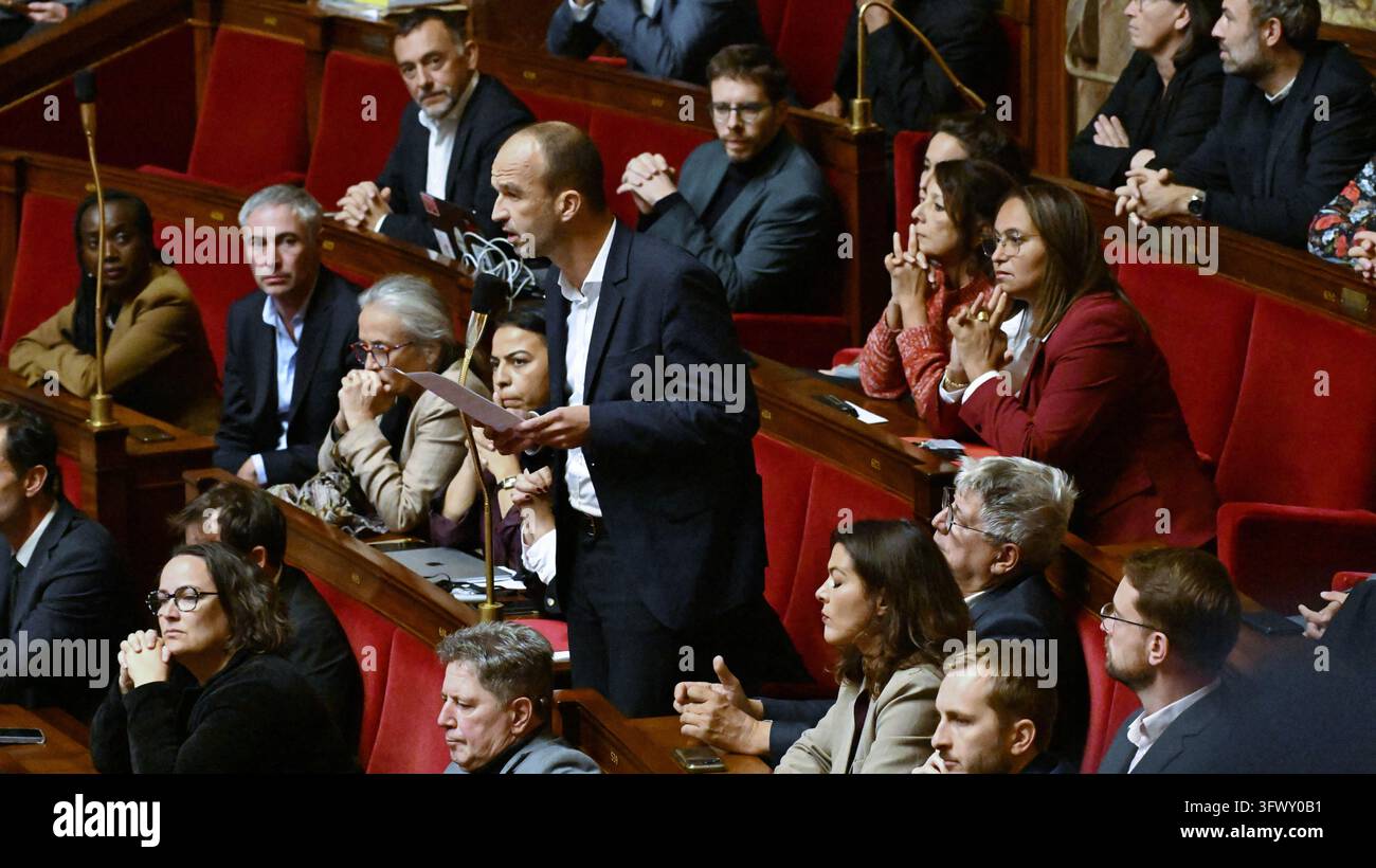French La France Insoumise (LFI) deputy Manuel Bompard addresses a ...