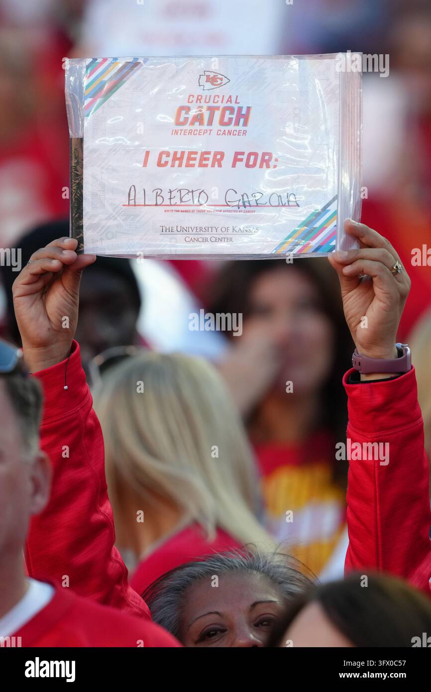 A fan holds up a Crucial Catch sign during an NFL football game in ...