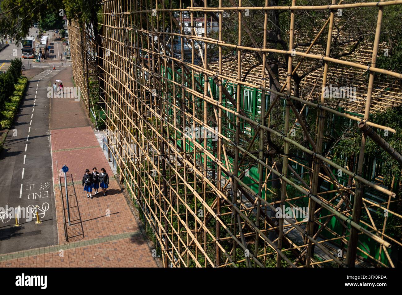 A general view showing a bamboo scaffolding theater under construction ...