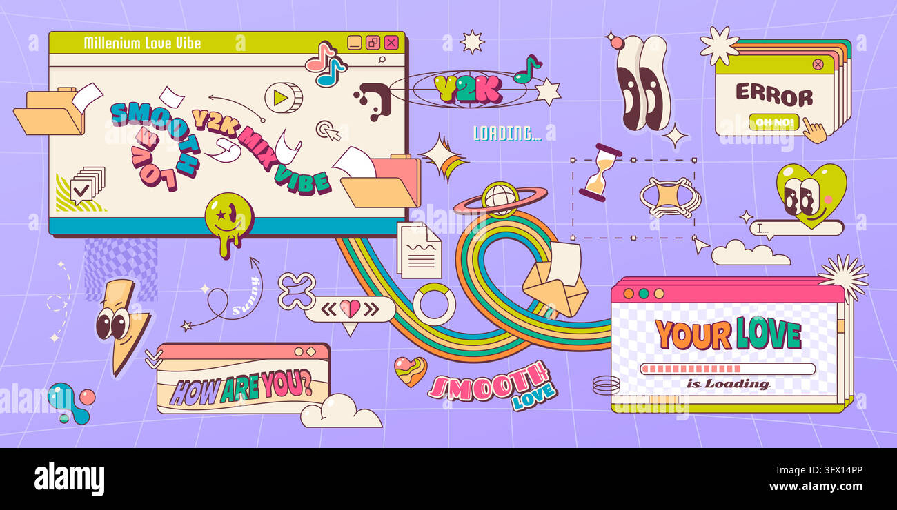 8 bit Y2K computer browser windows interface with retro pixel icons and panels. Y2K digital graphic design of error popup windows and internet web UI Stock Vector