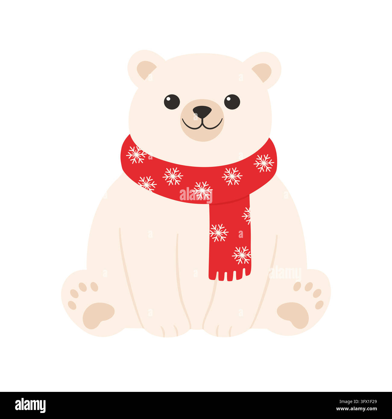 Cute Christmas polar bear in a red scarf with snowflakes isolated on white background Stock Vector