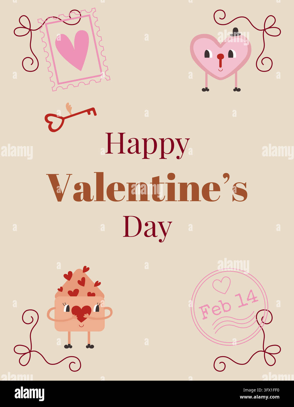 Kawaii retro Valentine's Day frame with heart stamp and cute characters. Romantic greeting card template for February 14 holiday projects. Stock Vector