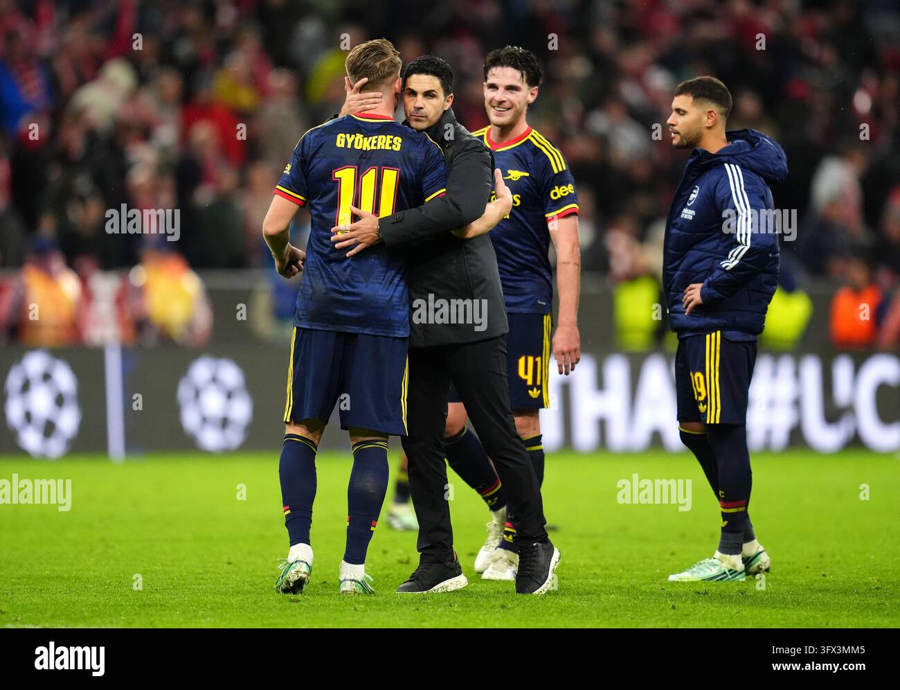 Arsenal's Viktor Gyokeres greets manager Mikel Arteta following the ...