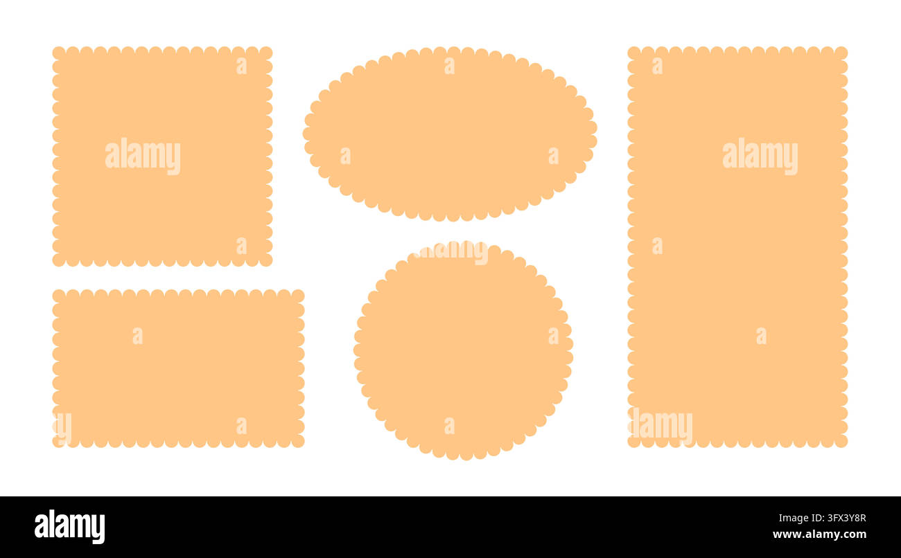 Scallop frame shape square border circle oval pattern. Scallop label scrapbook border vector label icon. Stock Vector