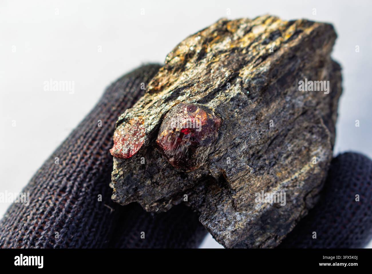 Striking red almandine garnet crystal embedded in mica schist, held by ...