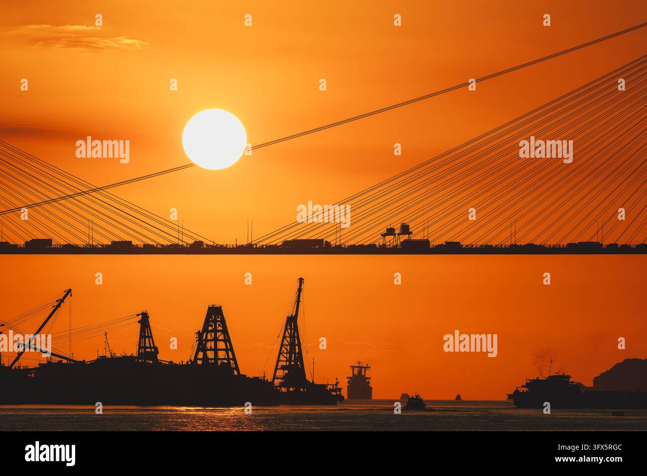 Stunning sunset silhouette view of the iconic Ting Kau Bridge and busy ...