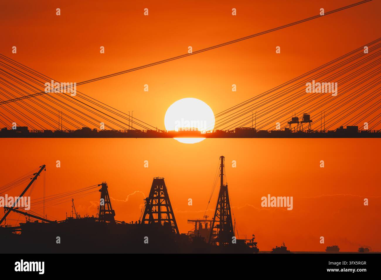 Vector Rgr Close-up telephoto sunset silhouette of vehicles crossing the Ting Kau ...