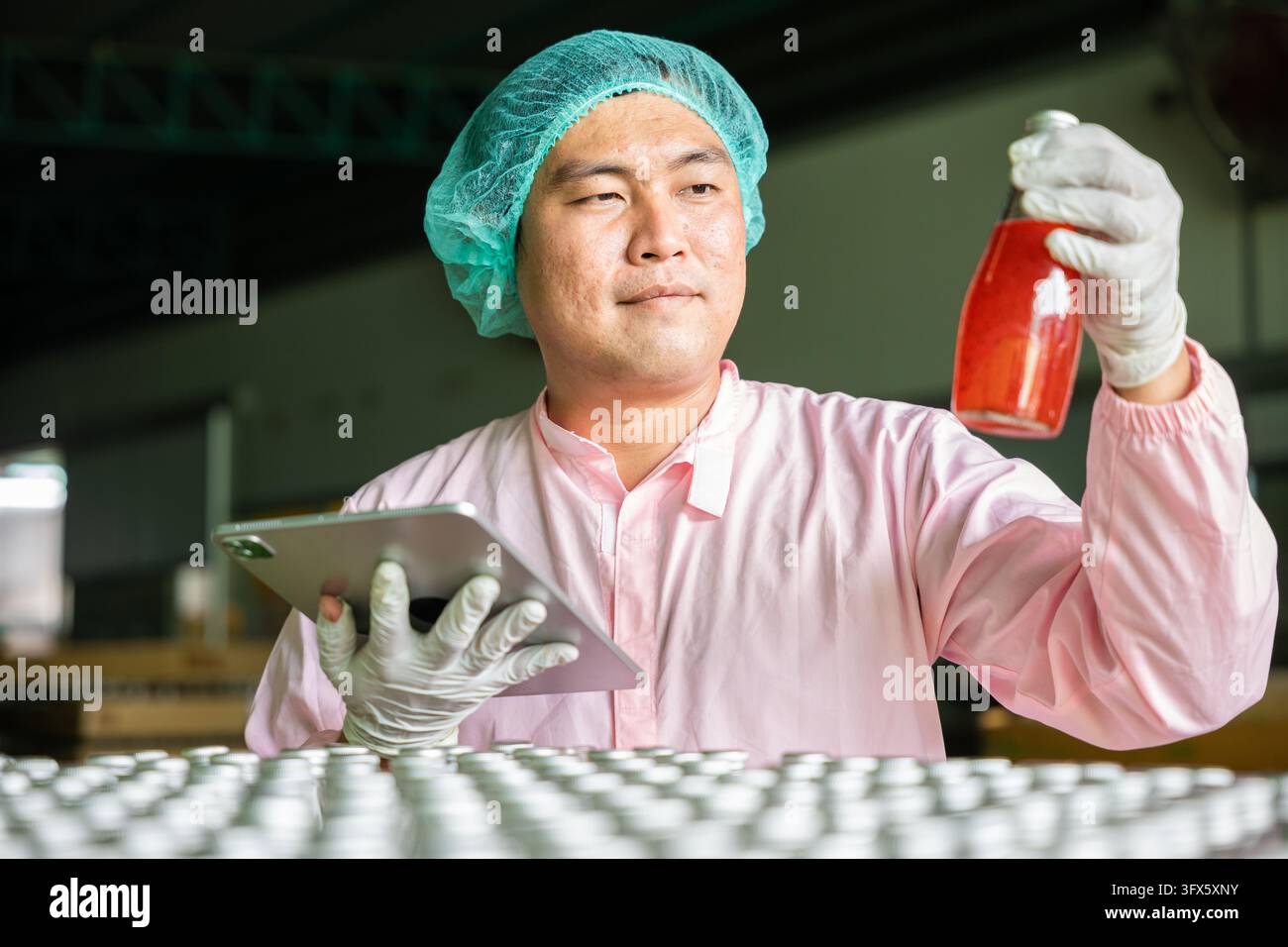 Factory Work Vector Worker inspects bottled products on conveyor belt in beverage factory ...