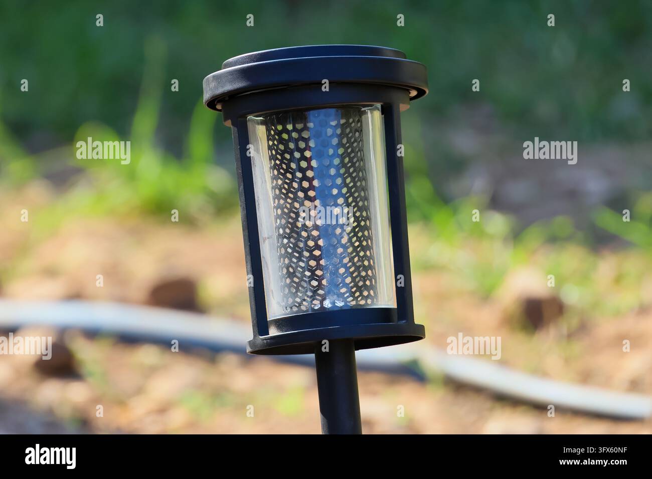 An outdoor solar lantern with perforated metal shade beside garden path ...