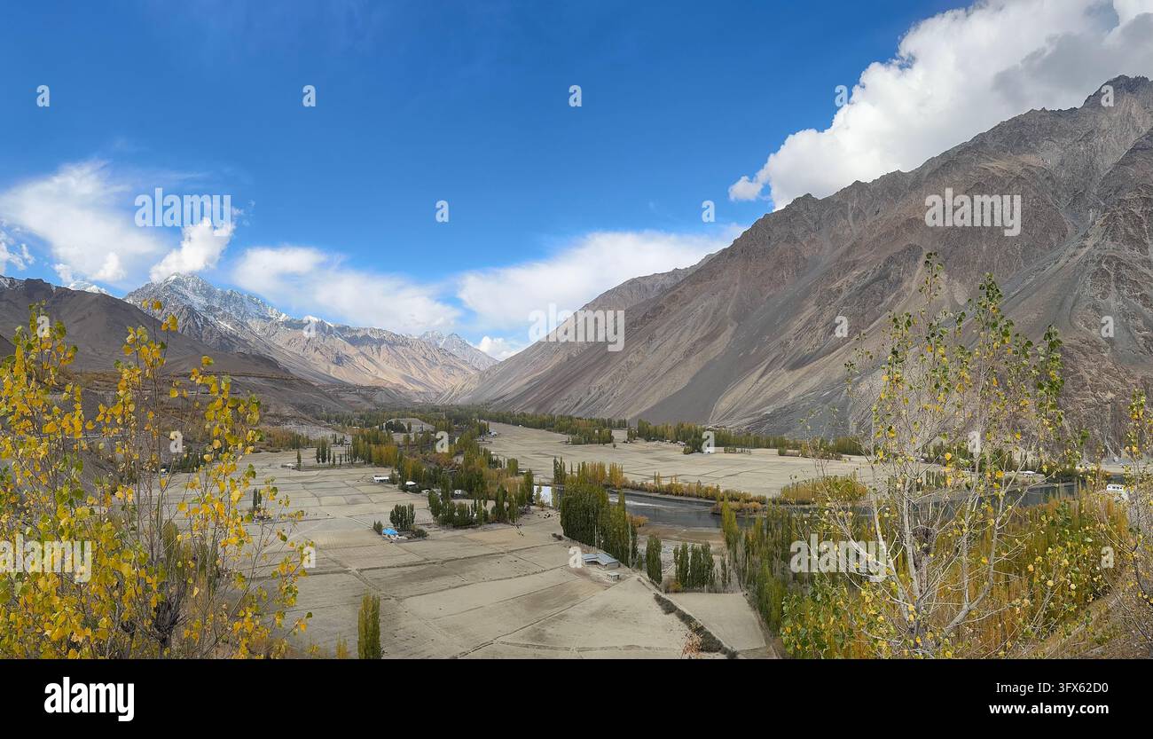Panoramic view of mountain valley with autumn trees and river Stock ...