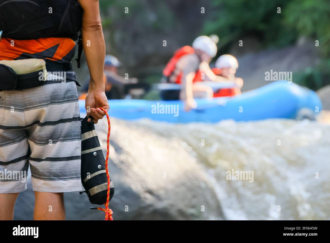 Rocky Stream Vector A whitewater rafting adventure with adult holding paddle beside ...
