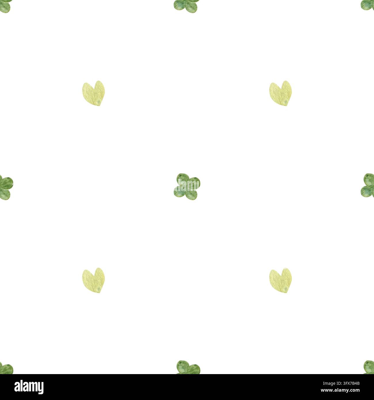 Seamless pattern with green clover leaves and pale green hearts on a ...