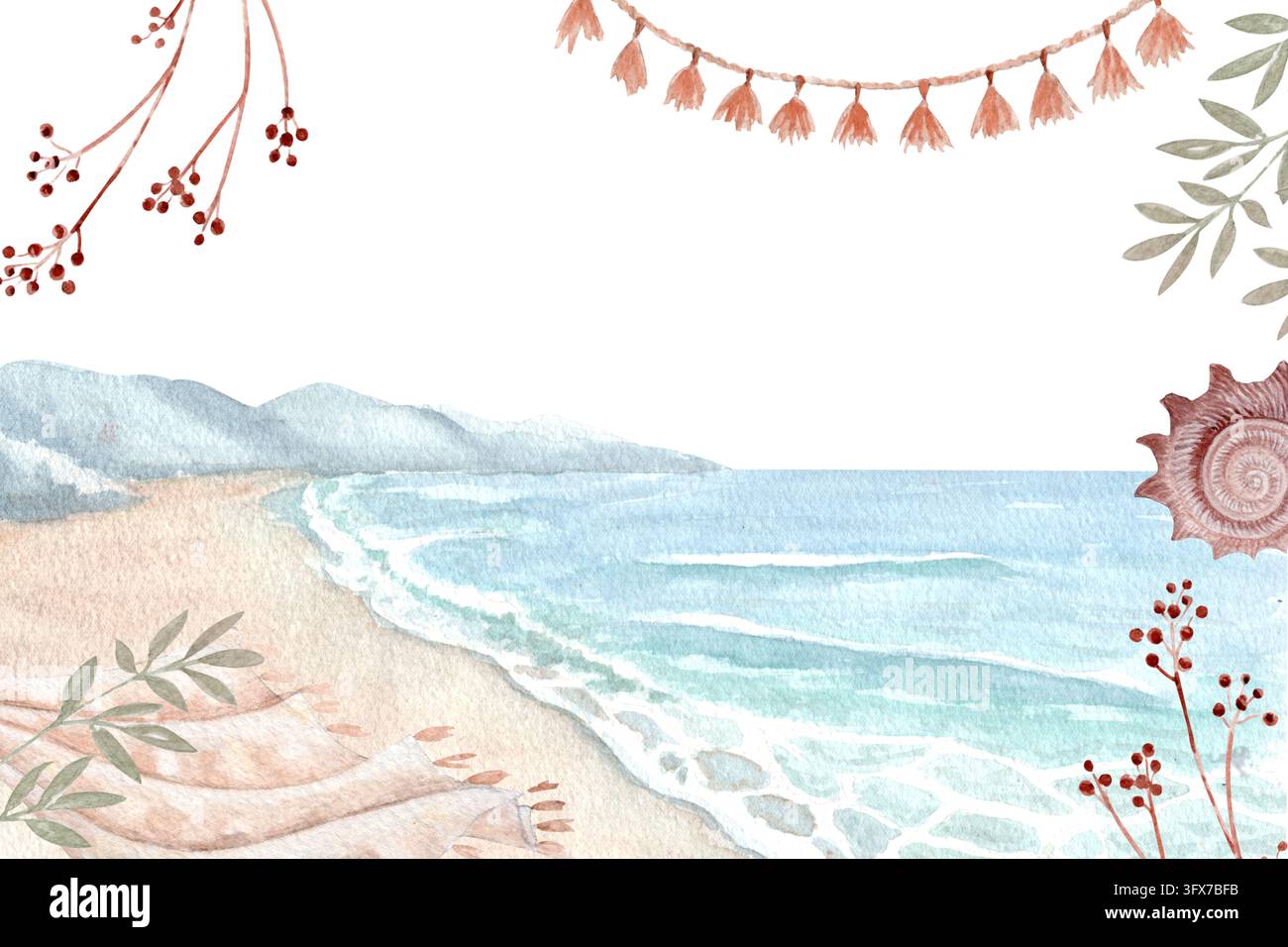 Coastal frame with sandy beach, ocean waves, seashells, tassel garland ...